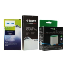 Zestaw do konserwacji ekspresu Saeco: filtr CFL-903B + tabletki CA6704 + środek czyszczący CA6705/10 - miniatura 1
